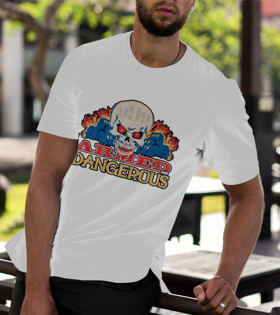 999 Club Armed And Dangerous Skull With Red Eyes And Flames T-Shirt