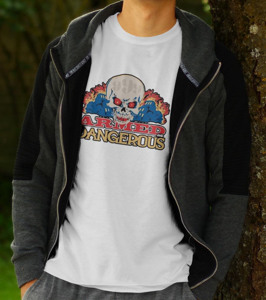 999 Club Armed And Dangerous Skull With Red Eyes And Flames T-Shirt