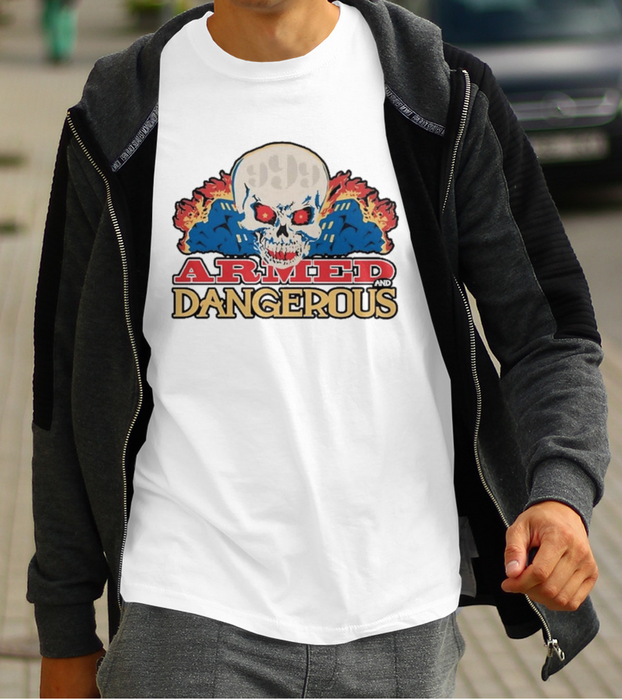 999 Club Armed And Dangerous Skull With Red Eyes And Flames T-Shirt