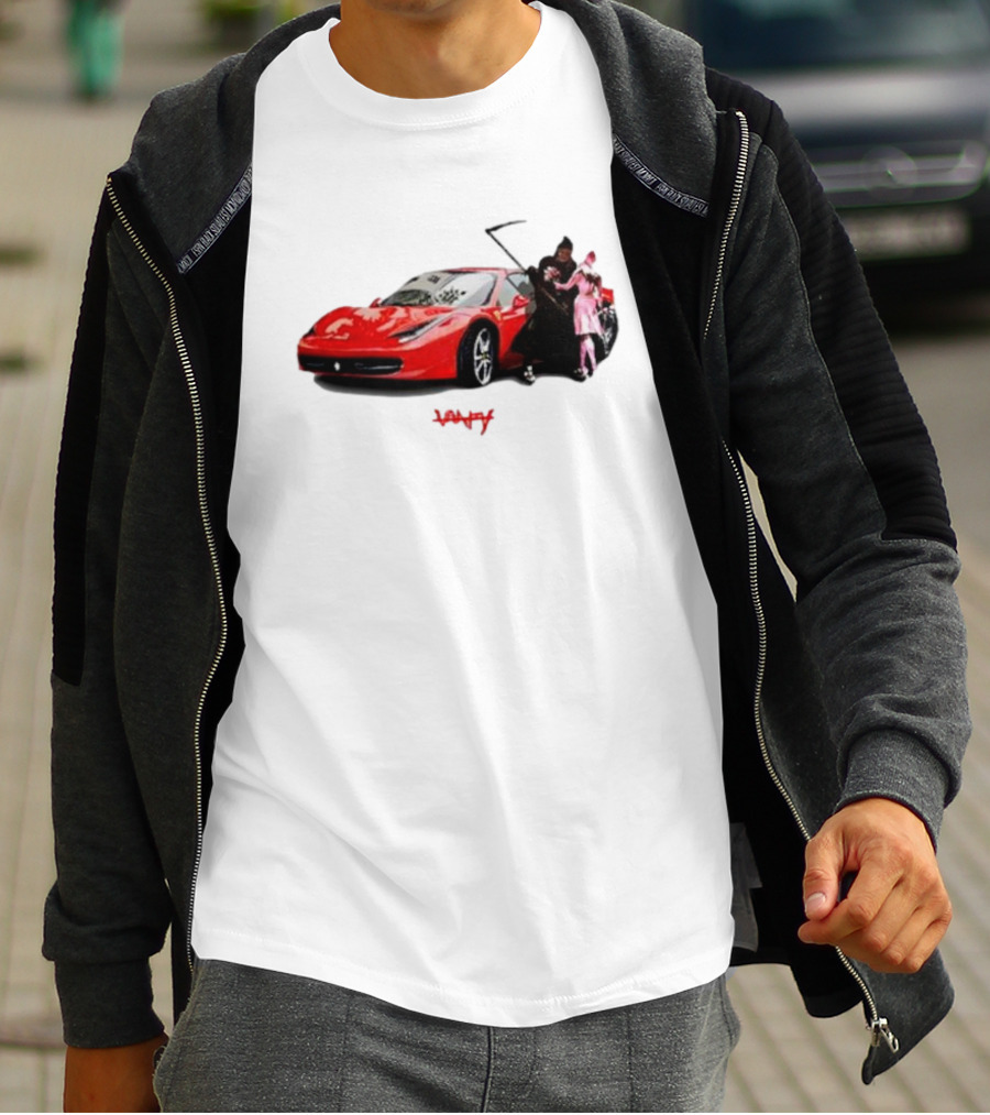 Club Scared Of Love Red Sports Car And Grim Reaper With Pink Figure T-Shirt