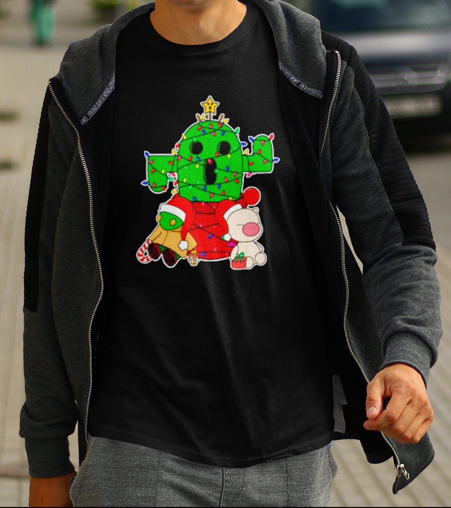 Christmas Moogle Cactuar Wrapped In Lights Star Topped Festive Scene T-Shirt