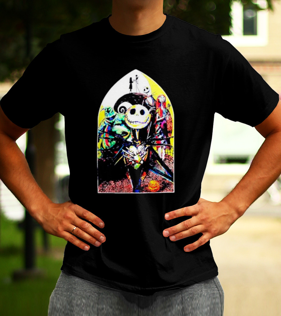 Jack Skellington And Friends Stained Glass Style Scene From The Nightmare Before Christmas T-Shirt