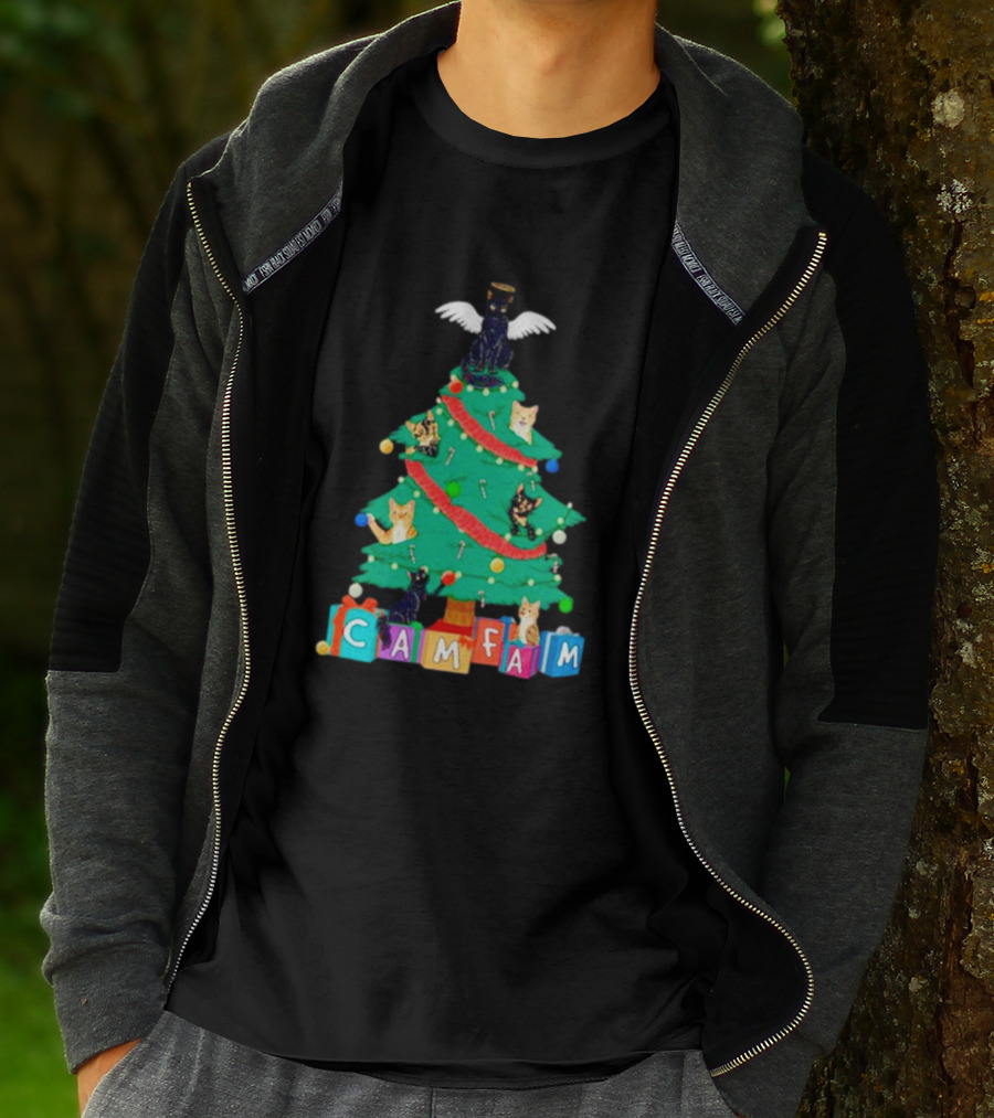 Cam Fam Christmas Tree With Cats And Holiday Blocks T-Shirt