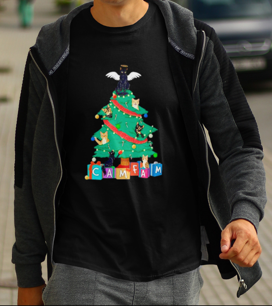 Cam Fam Christmas Tree With Cats And Holiday Blocks T-Shirt