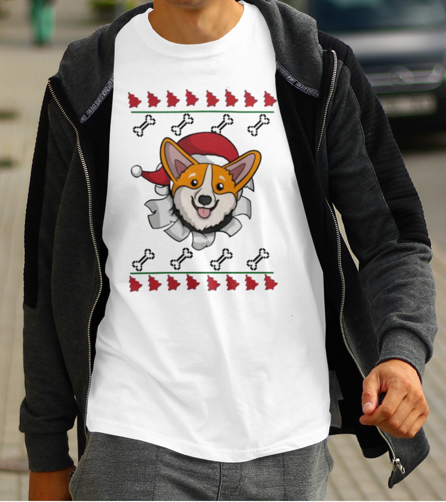 Corgi Surprise Christmas Santa Hat Bone T-Shirt