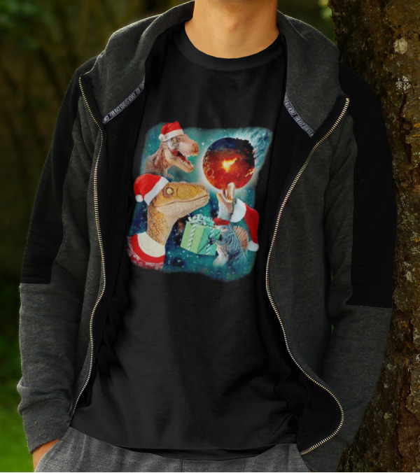 T-Rex Christmas Festive Santa Hat Dinosaur Planet Gift Explosion T-Shirt