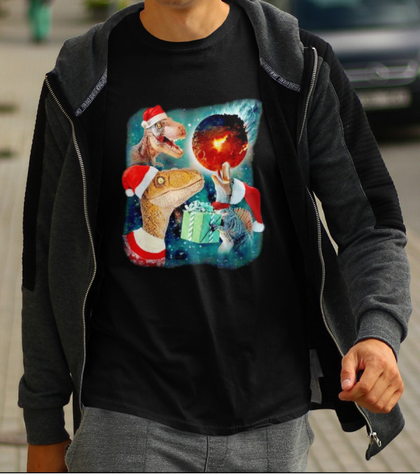 T-Rex Christmas Festive Santa Hat Dinosaur Planet Gift Explosion T-Shirt