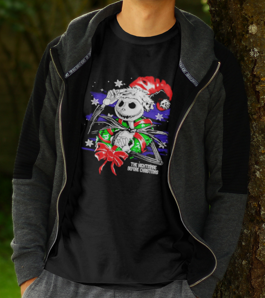 The Nightmare Before Christmas Jack Skellington In Santa Hat And Grinch Green Scarf T-Shirt