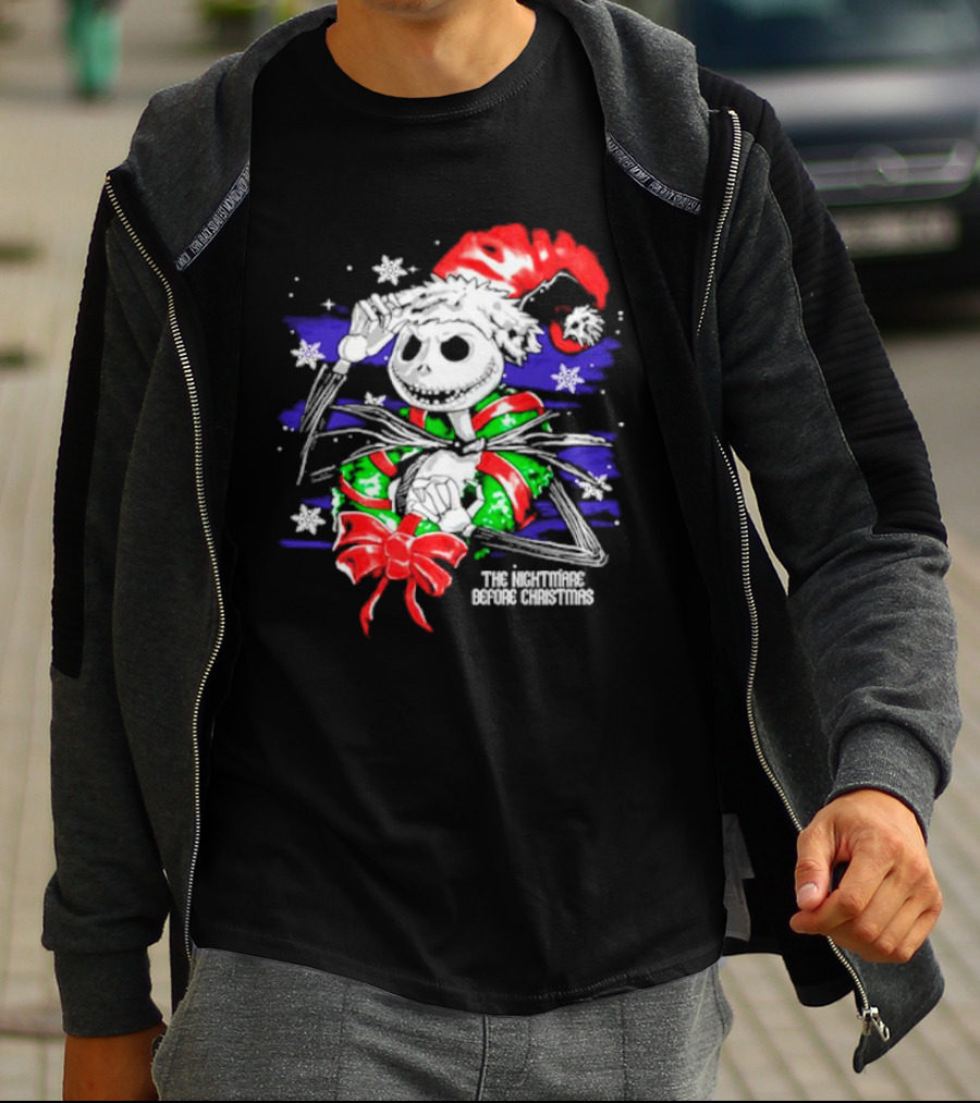 The Nightmare Before Christmas Jack Skellington In Santa Hat And Grinch Green Scarf T-Shirt