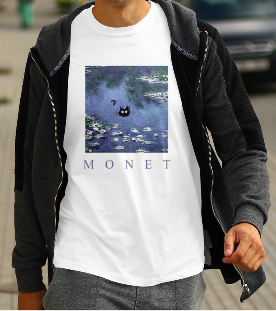 Monet Waterlily Black Cat In Pond With Monet Text T-Shirt