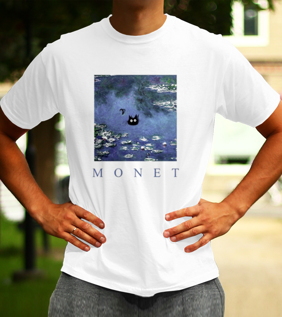Monet Waterlily Black Cat In Pond With Monet Text T-Shirt