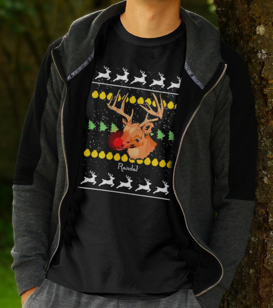 Randal Reindeer Festive Holiday Pattern With Red Nose And Antlers T-Shirt