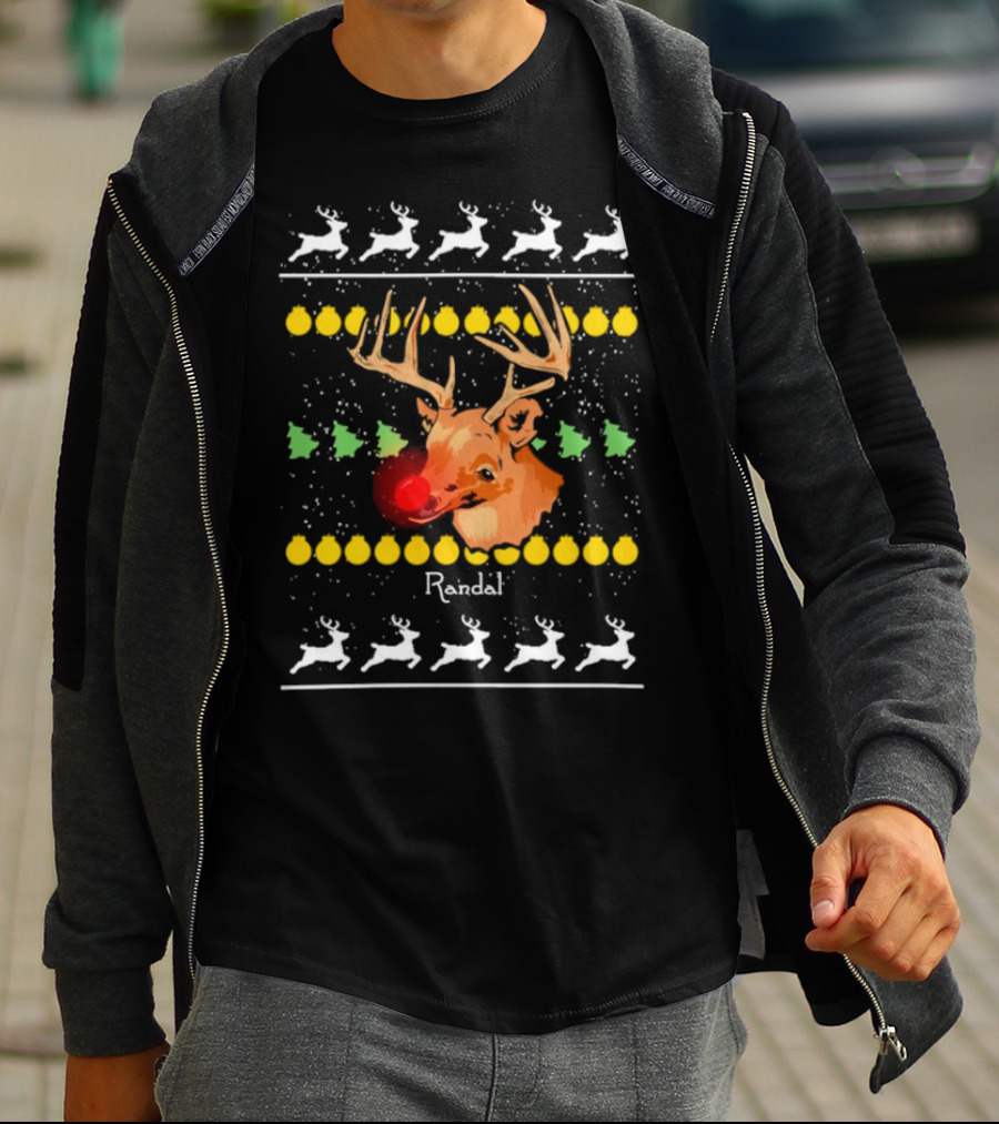 Randal Reindeer Festive Holiday Pattern With Red Nose And Antlers T-Shirt