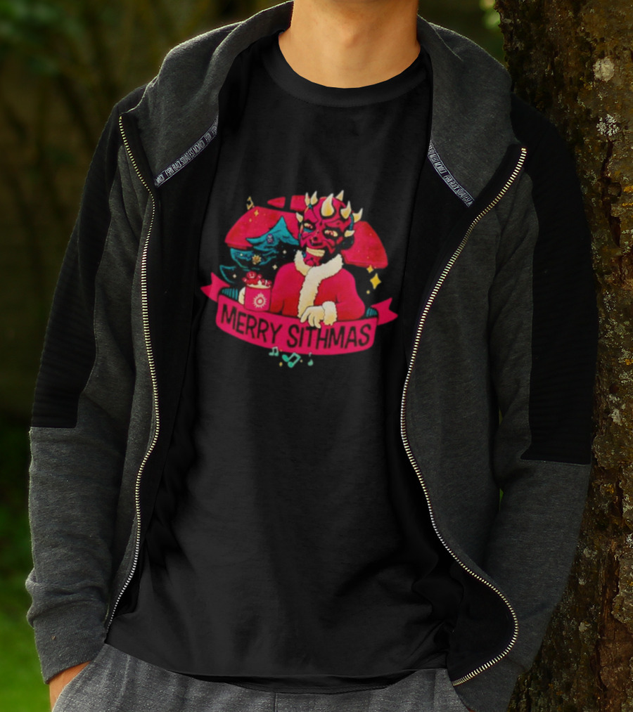 Star Wars Merry Sithmas Featuring Darth Maul In Santa Suit With Christmas Tree And Festive Elements T-Shirt