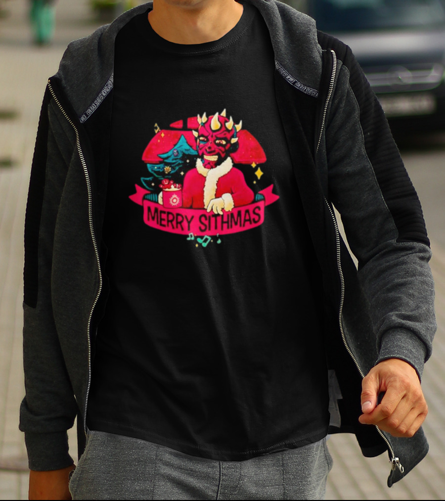Star Wars Merry Sithmas Featuring Darth Maul In Santa Suit With Christmas Tree And Festive Elements T-Shirt