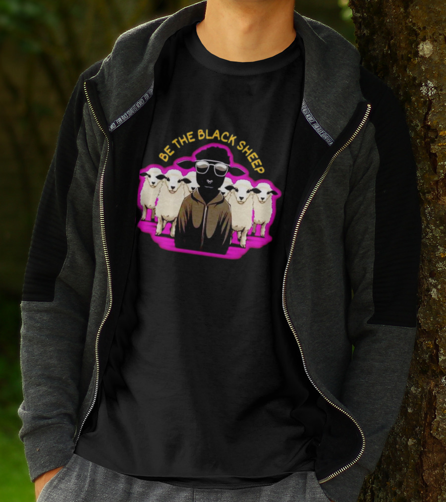 BE THE BLACK SHEEP Cool Black Sheep With Sunglasses Standing Out In A Flock T-Shirt
