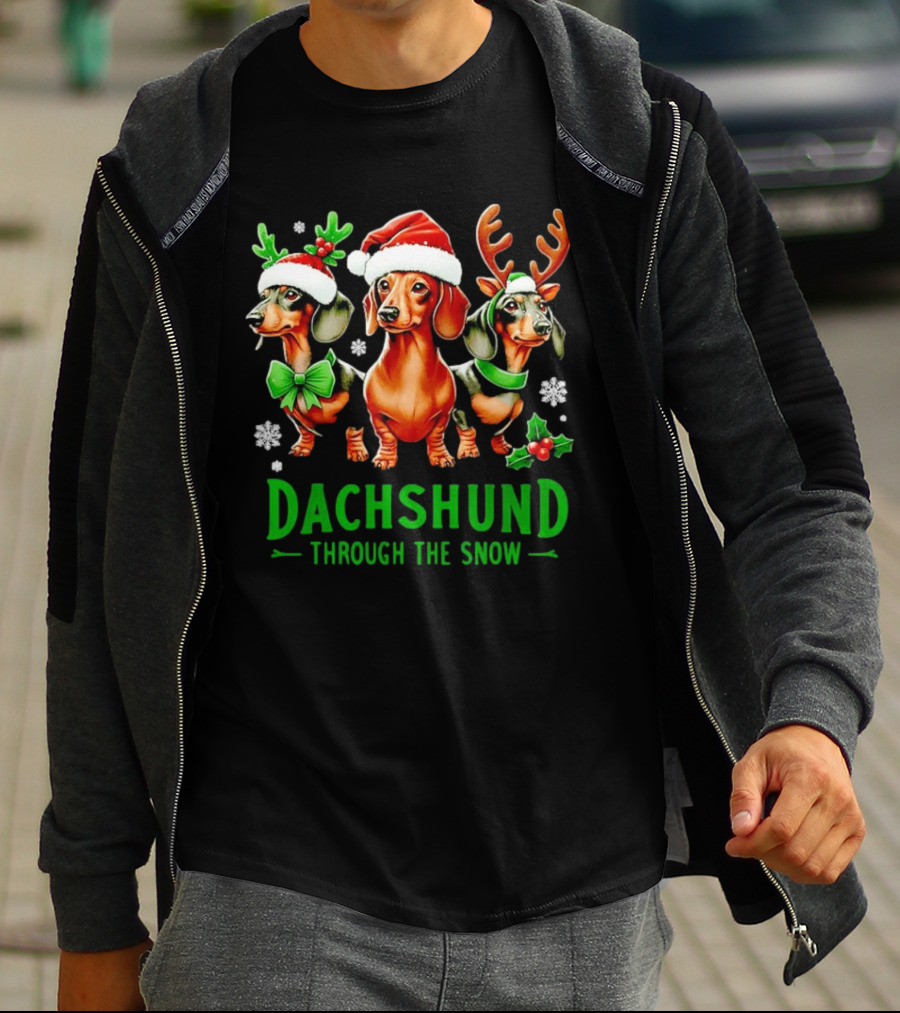 Dachshund Through The Snow Santa Hat Reindeer Antlers Christmas Bow T-Shirt