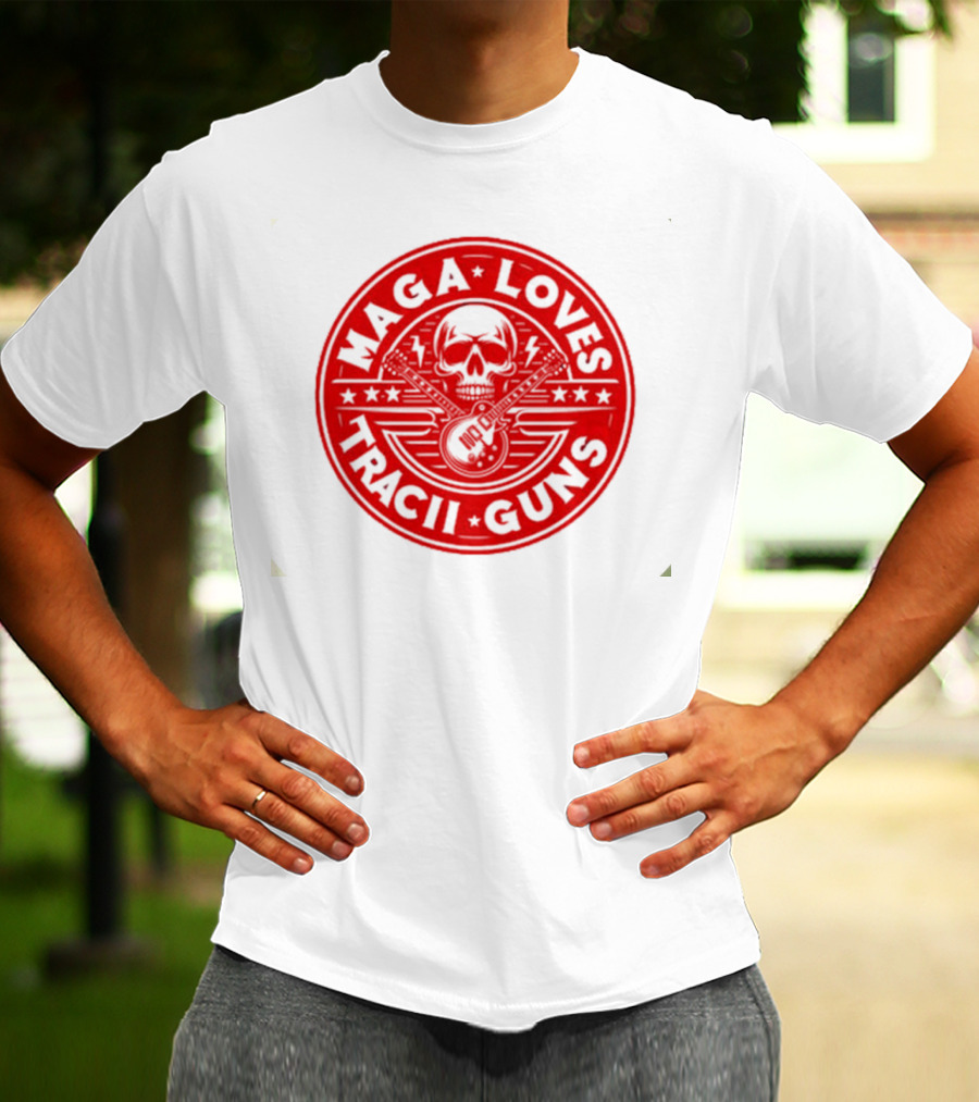 Maga Loves Tracii Guns Skull And Guitar Emblem With Stars And Lightning Bolts T-Shirt
