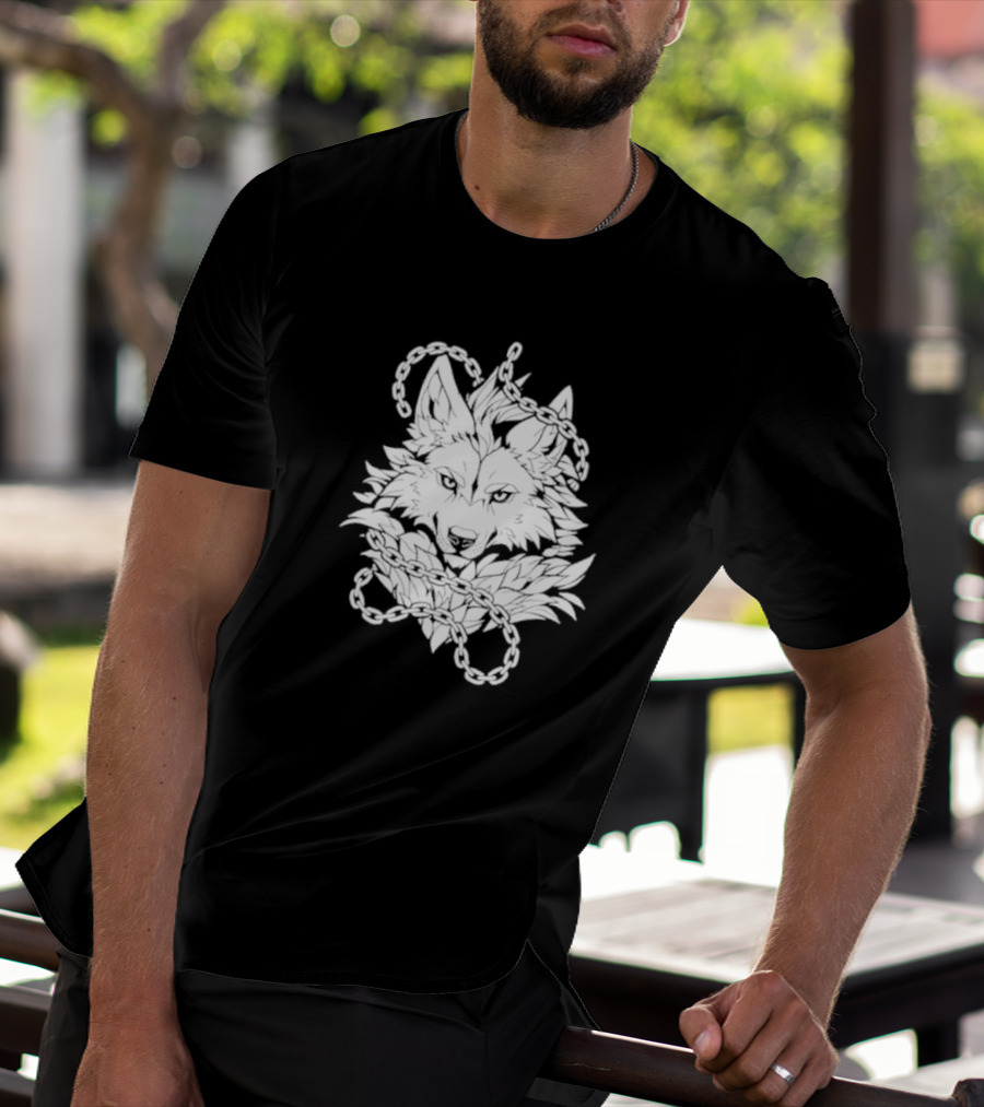 Wolf And Chains Intricate Black White T-Shirt