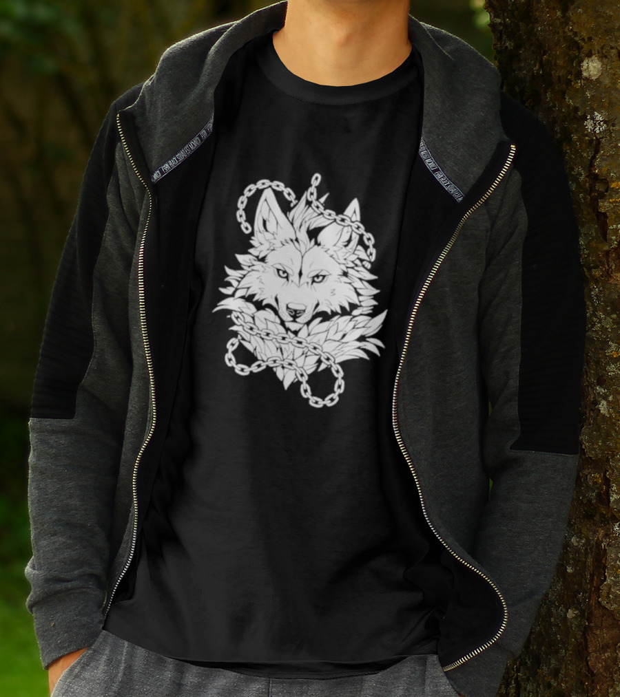 Wolf And Chains Intricate Black White T-Shirt