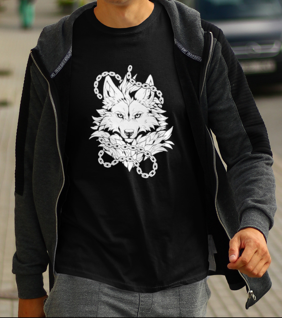 Wolf And Chains Intricate Black White T-Shirt
