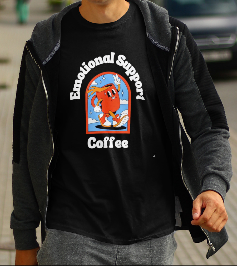 Emotional Support Coffee Cheerful Cartoon Character T-Shirt