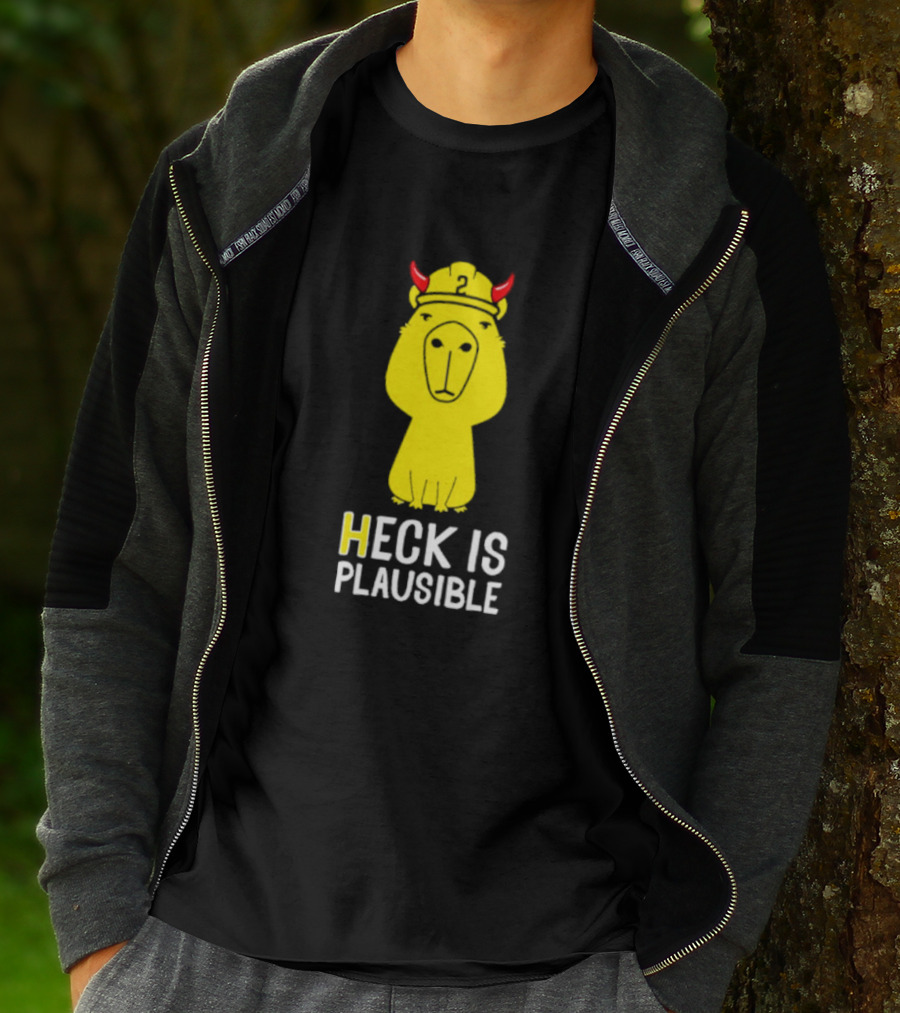 HECK IS PLAUSIBLE 2 Red Horned Yellow Character T-Shirt