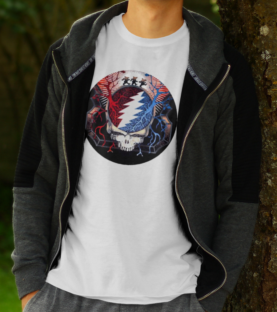 Grateful Dead Skull Bear Red Blue Lightning Bolt Circle T-Shirt