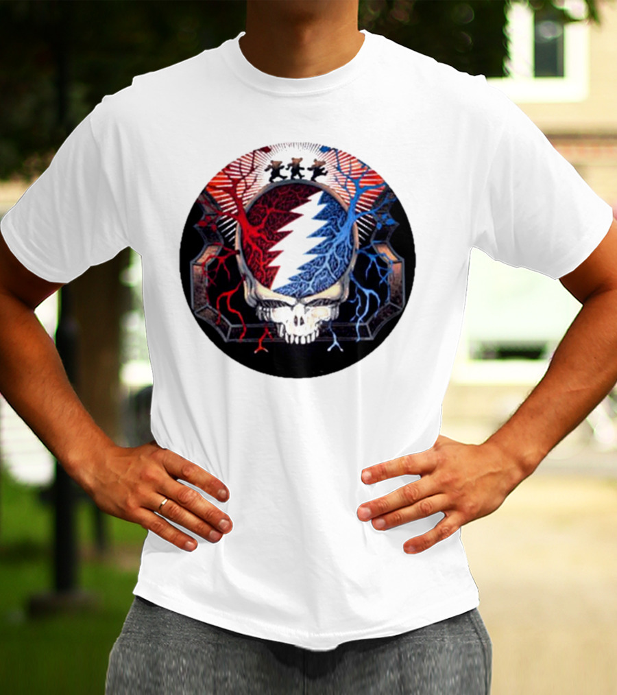 Grateful Dead Skull Bear Red Blue Lightning Bolt Circle T-Shirt
