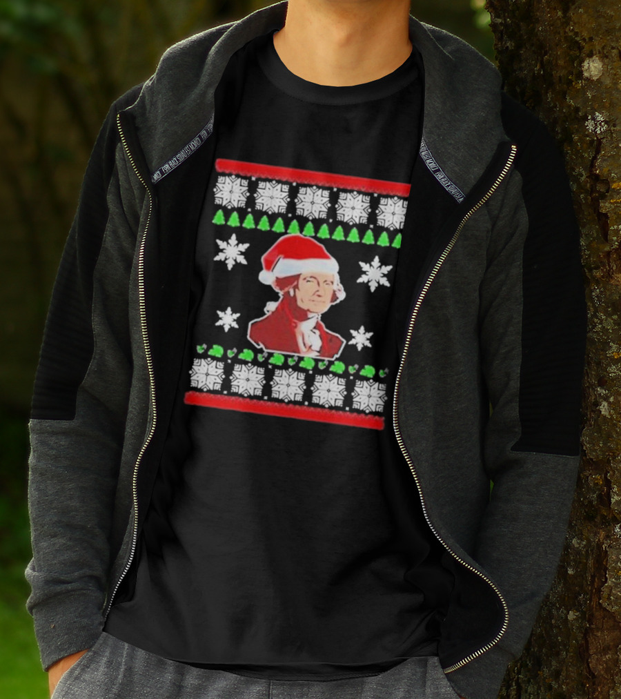 George Washington Santa Hat Christmas Ugly Sweater Style Snowflakes And Trees T-Shirt