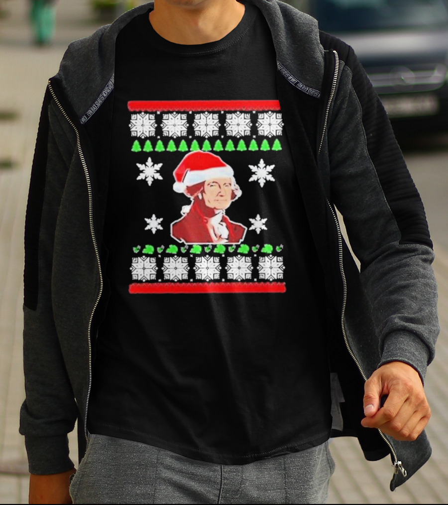 George Washington Santa Hat Christmas Ugly Sweater Style Snowflakes And Trees T-Shirt