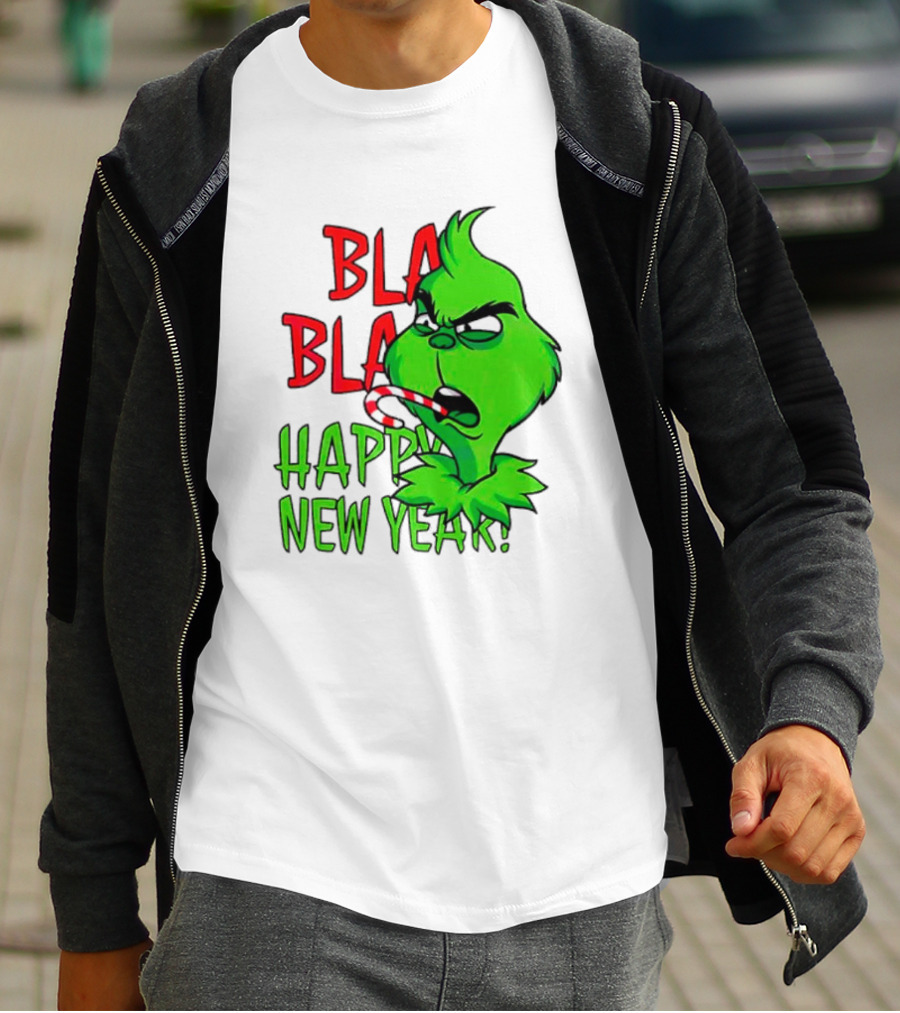 Bla Bla Happy New Year Grinch Candy Cane Image T-Shirt
