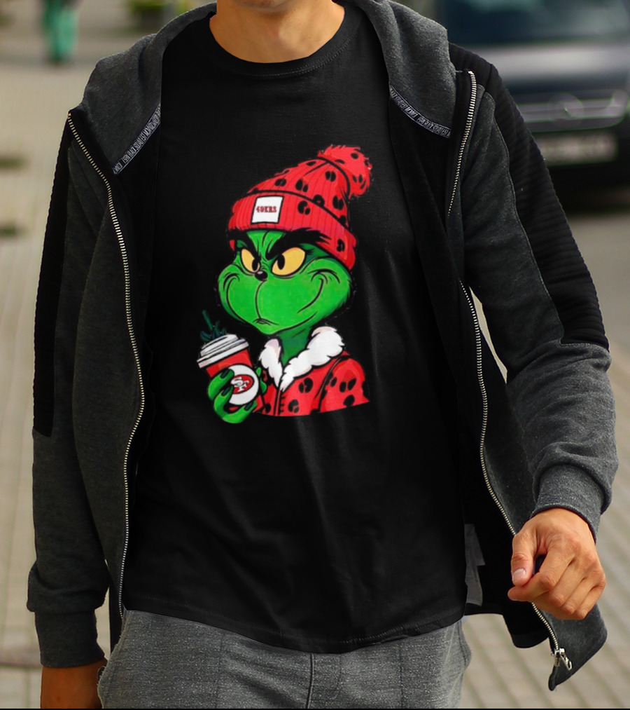 Grinch Boujee San Francisco 49ers Coffee Beanie Christmas 49ers T-Shirt