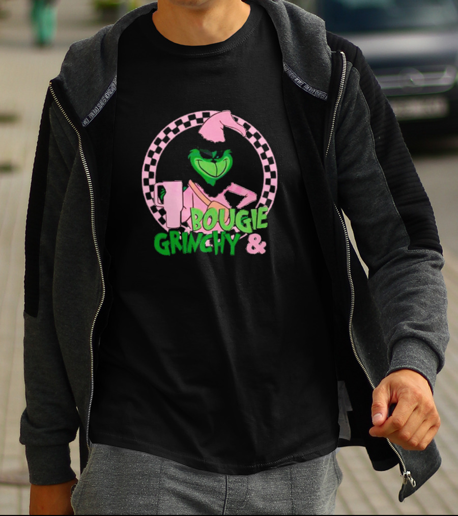Bougie Grinchy And Pink Character With Checkerboard Circle T-Shirt