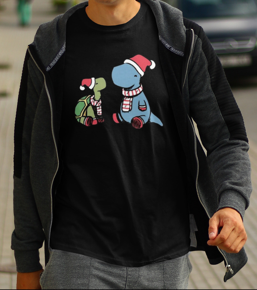 Dinosaur Christmas Tortoise And Dino In Santa Hats And Scarves T-Shirt