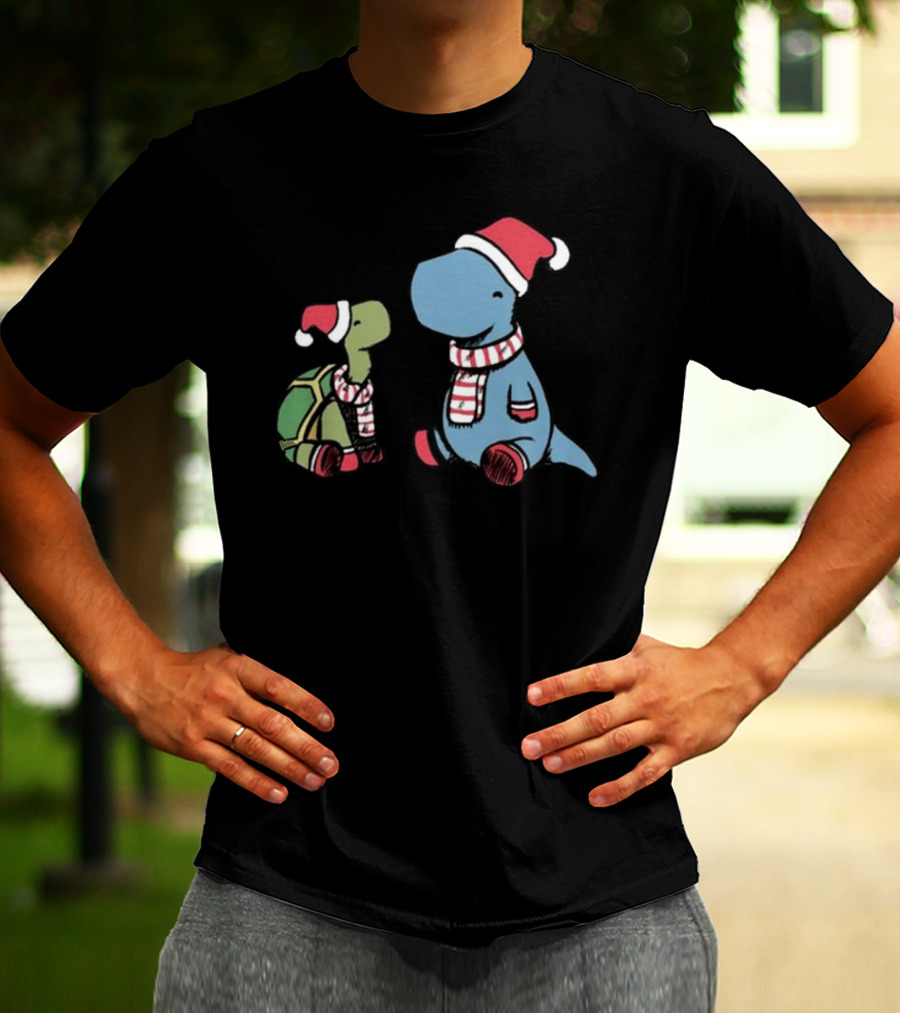 Dinosaur Christmas Tortoise And Dino In Santa Hats And Scarves T-Shirt