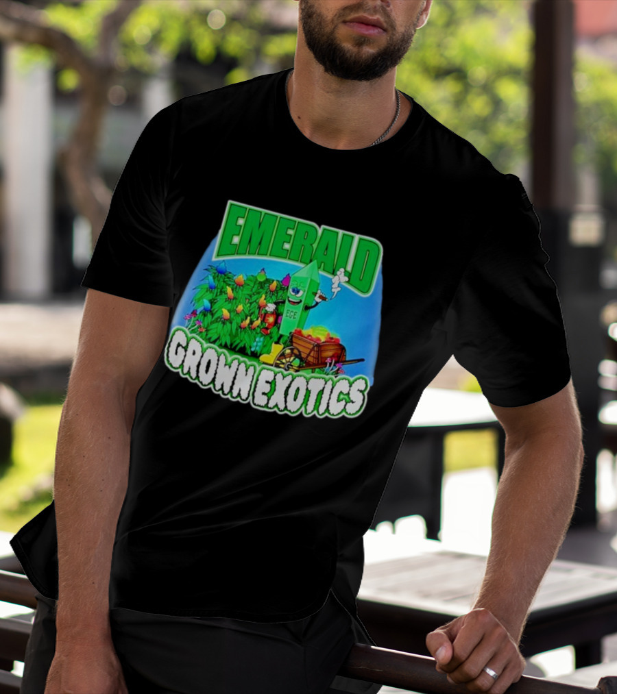 Emerald Grown Exotics Colorful Harvest With EGE Mascot And Wagon T-Shirt