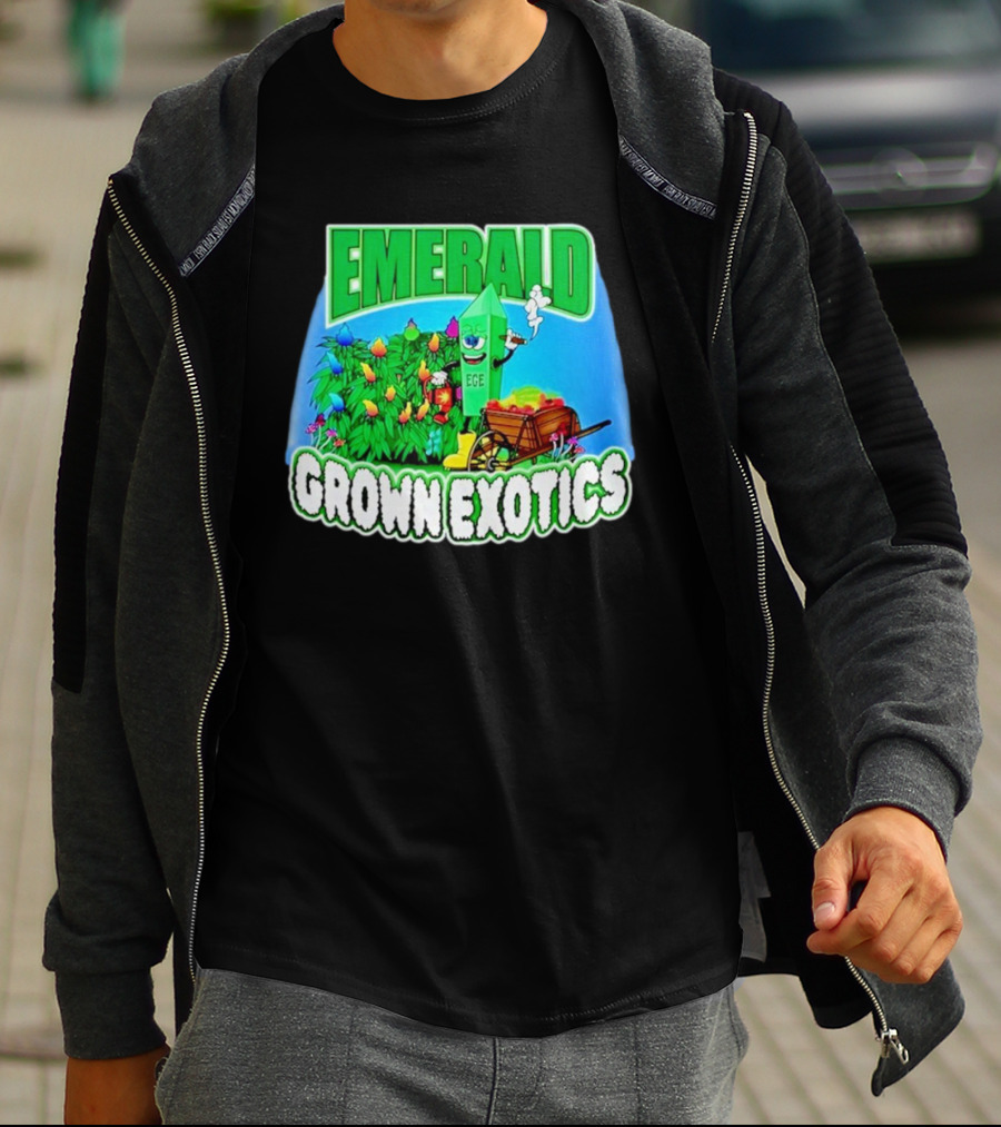 Emerald Grown Exotics Colorful Harvest With EGE Mascot And Wagon T-Shirt