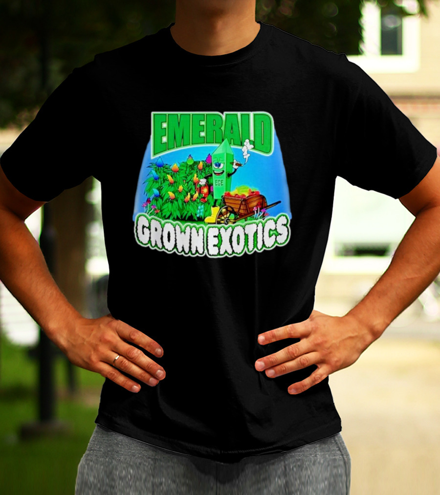Emerald Grown Exotics Colorful Harvest With EGE Mascot And Wagon T-Shirt