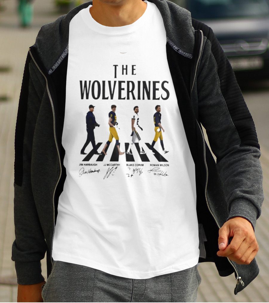 The Wolverines Abbey Road Walk With Signatures Jim Harbaugh J.J. McCarthy Blake Corum Roman Wilson T-Shirt