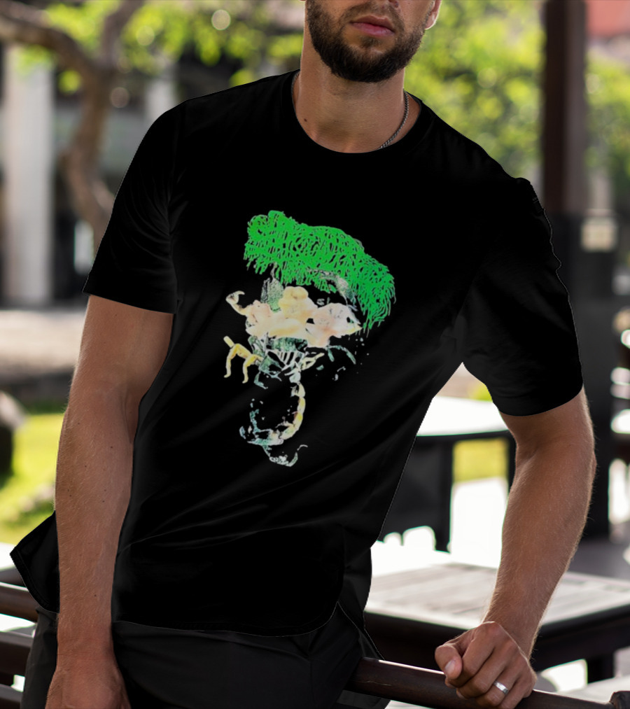 Sanguisugabogg Homicidal Ecstacy Abstract Green Dripping Text With Floral Skull And Spine T-Shirt