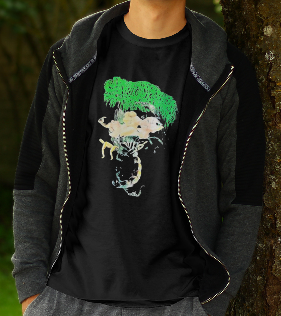 Sanguisugabogg Homicidal Ecstacy Abstract Green Dripping Text With Floral Skull And Spine T-Shirt