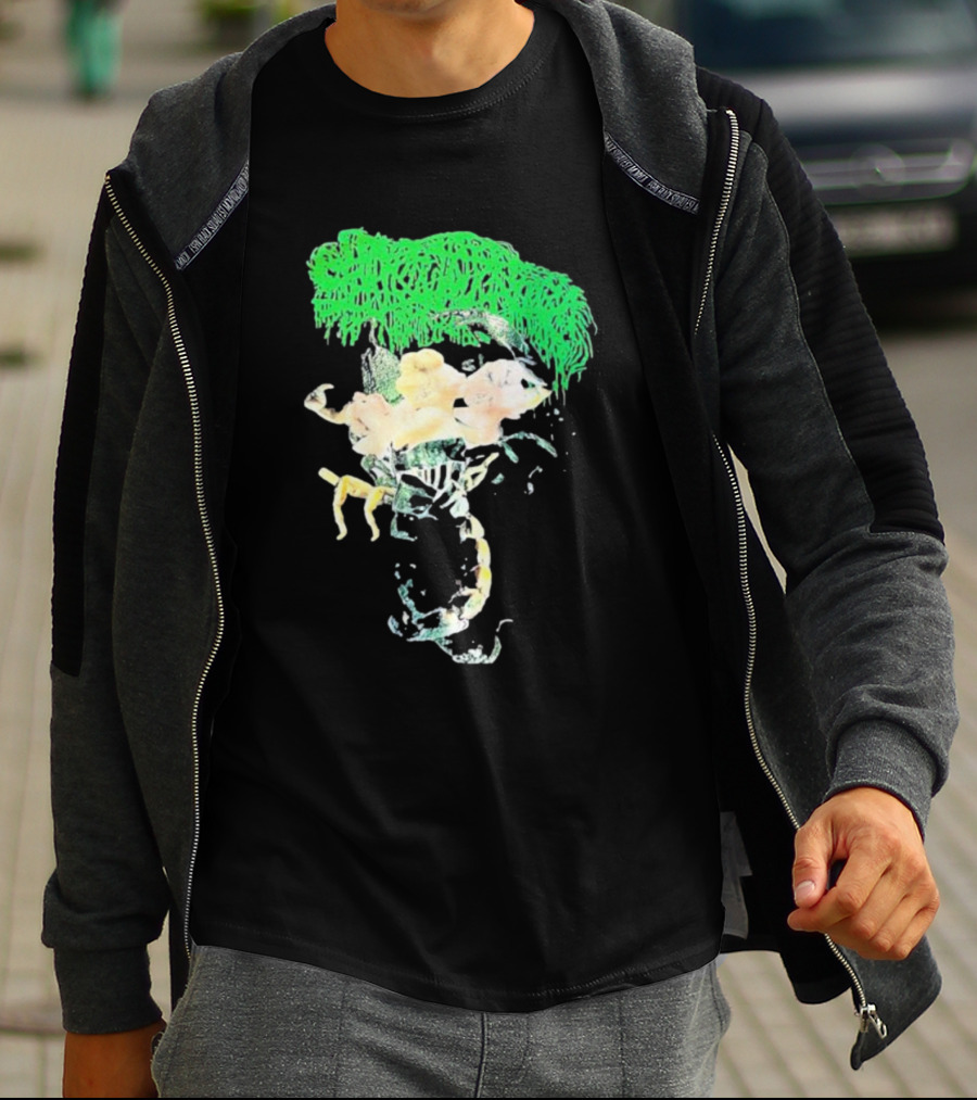 Sanguisugabogg Homicidal Ecstacy Abstract Green Dripping Text With Floral Skull And Spine T-Shirt