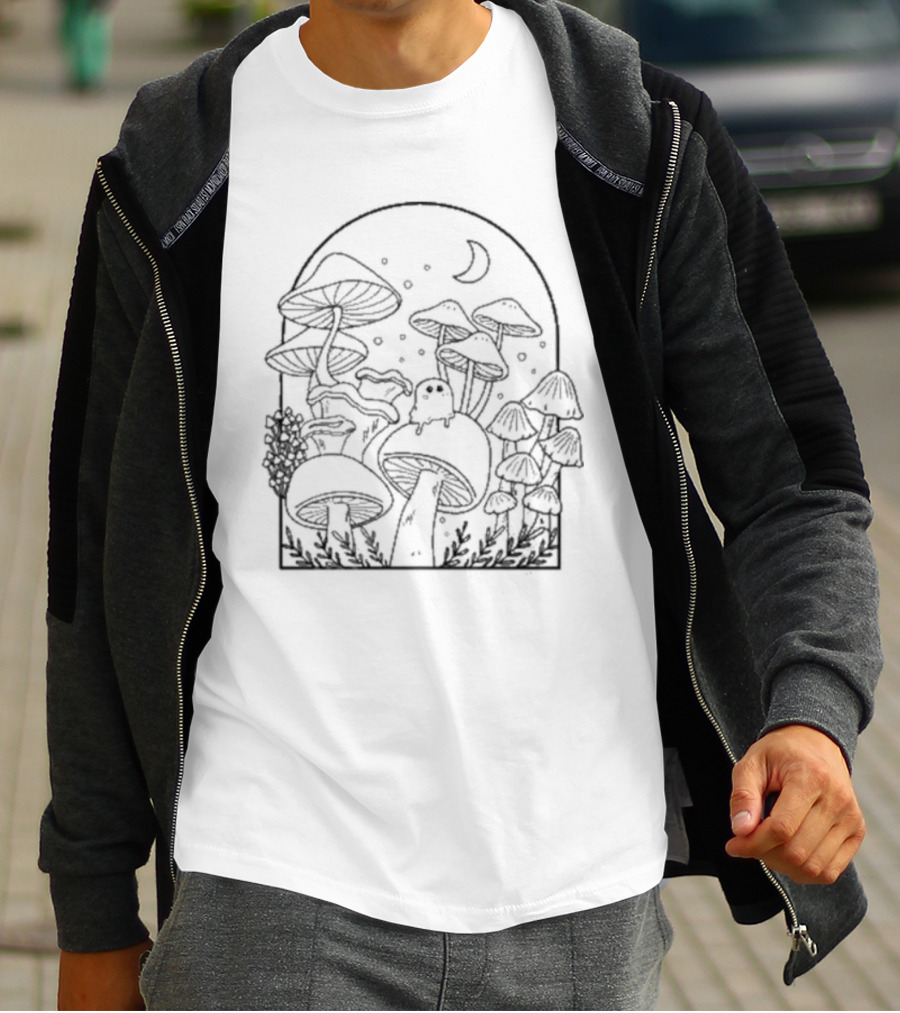Slimecicle Mushroom Forest Night Scene With Crescent Moon And Cute Ghostly Creature T-Shirt