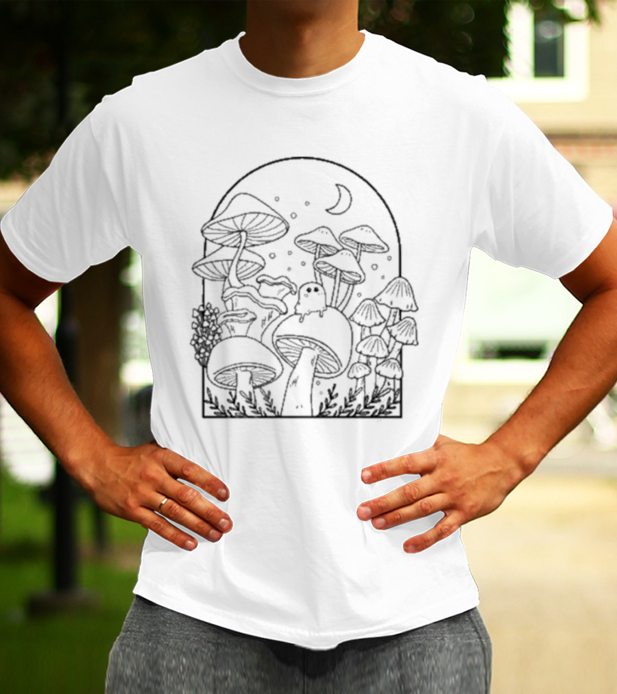 Slimecicle Mushroom Forest Night Scene With Crescent Moon And Cute Ghostly Creature T-Shirt