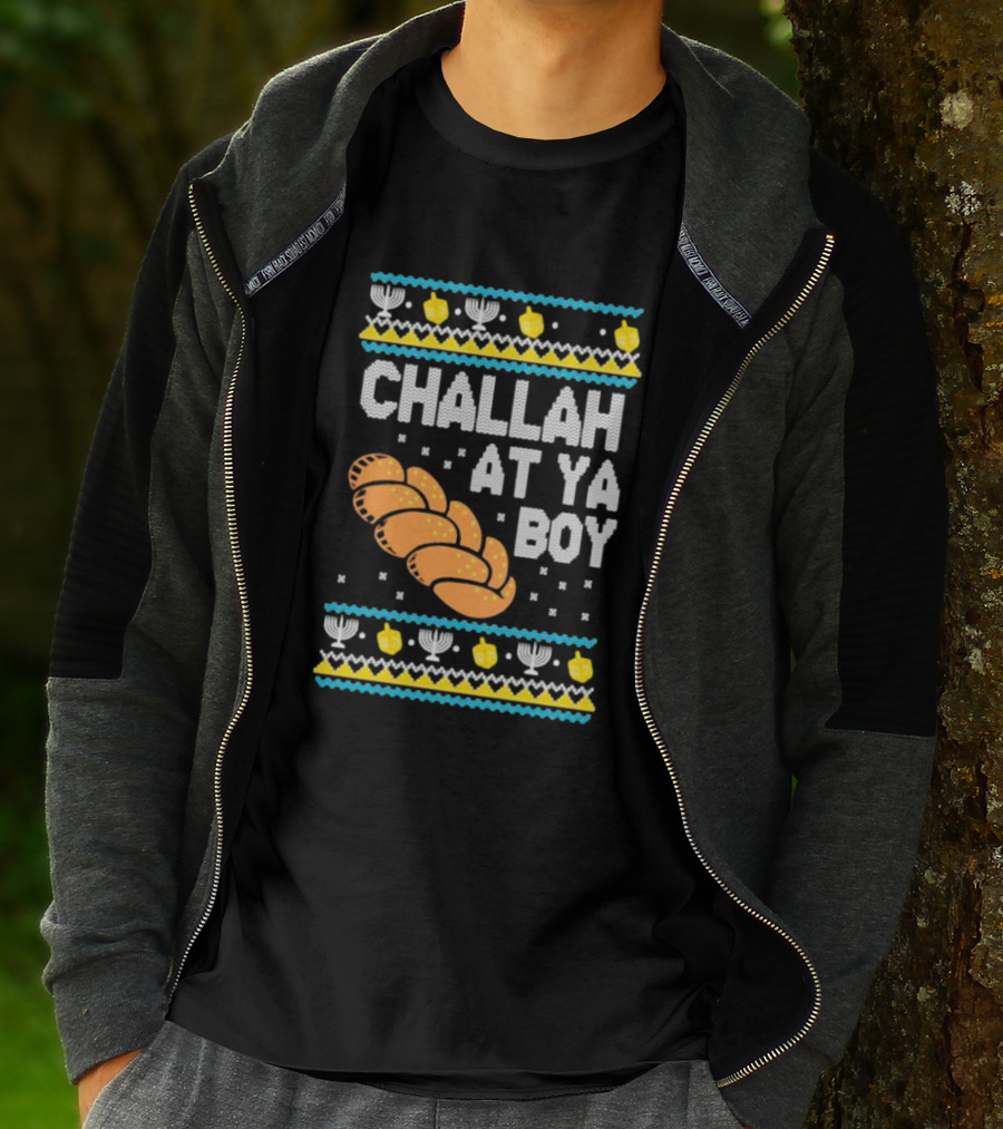 Challah At Ya Boy Hanukkah Ugly Sweater Style With Menorah And Dreidel T-Shirt