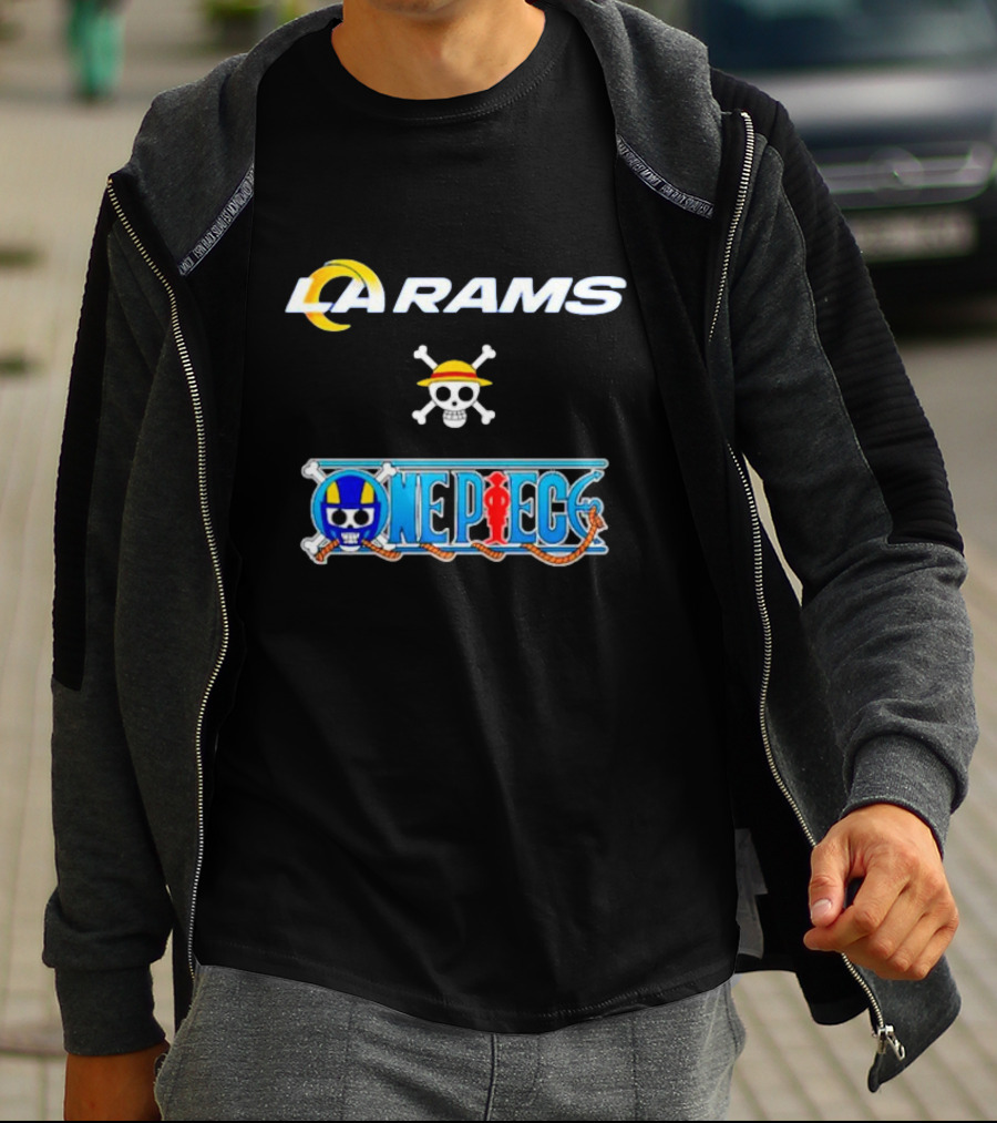 LA Rams One Piece Crossover Logo Skull Hat T-Shirt