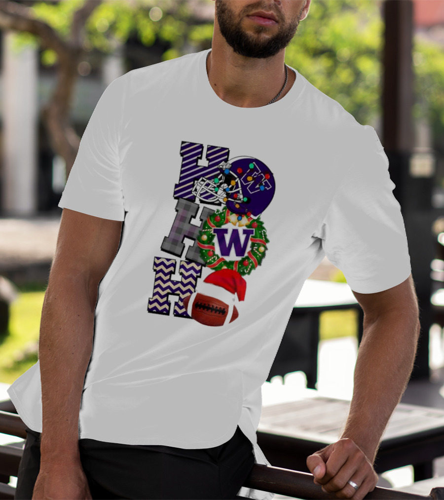 Washington Huskies Football Christmas Helmet Wreath Football Santa Hat Ho Ho Ho T-Shirt