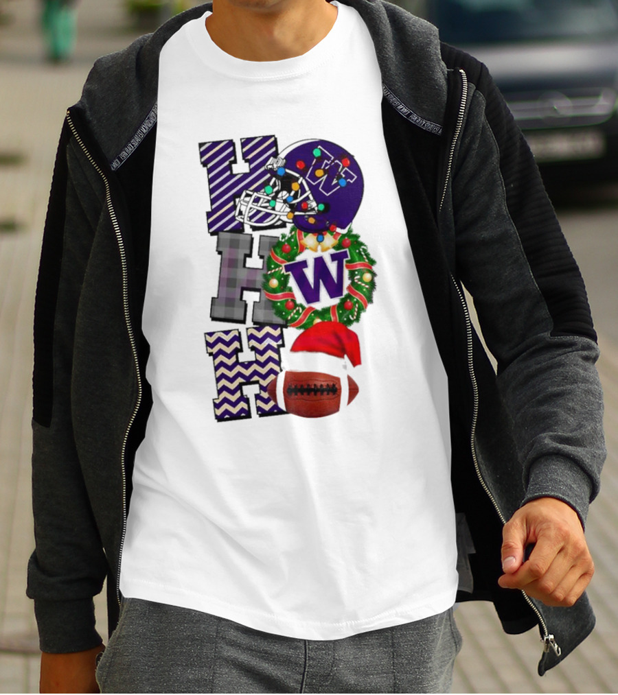 Washington Huskies Football Christmas Helmet Wreath Football Santa Hat Ho Ho Ho T-Shirt