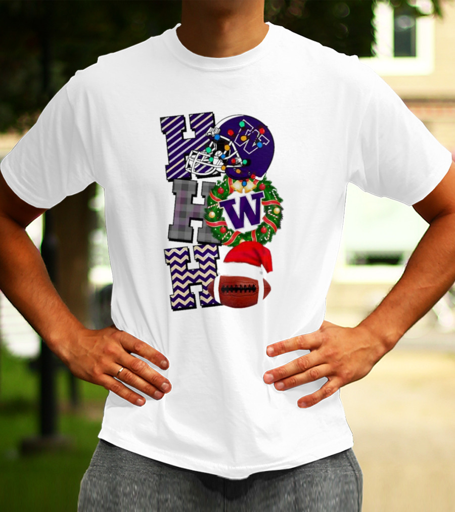 Washington Huskies Football Christmas Helmet Wreath Football Santa Hat Ho Ho Ho T-Shirt